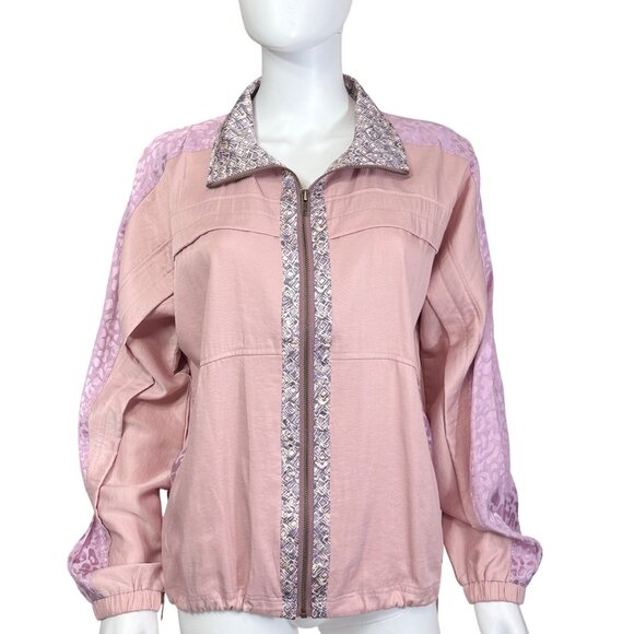 Mystree Jacket Womens M Pink Mixed Fabric Textured Zip Up Statement Collar - Picture 1 of 9
